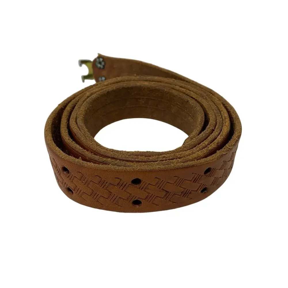 Vintage Embossed Leather Belt Woven Design Brown Apx Size L/XL Gold Tone Buckle